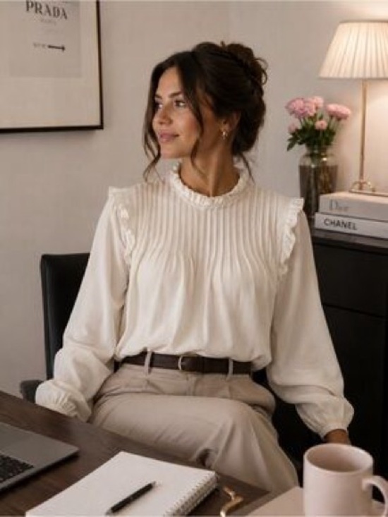 Aritzia Tops - Aritzia Cream Pintuck Ruffle High-Neck Blouse